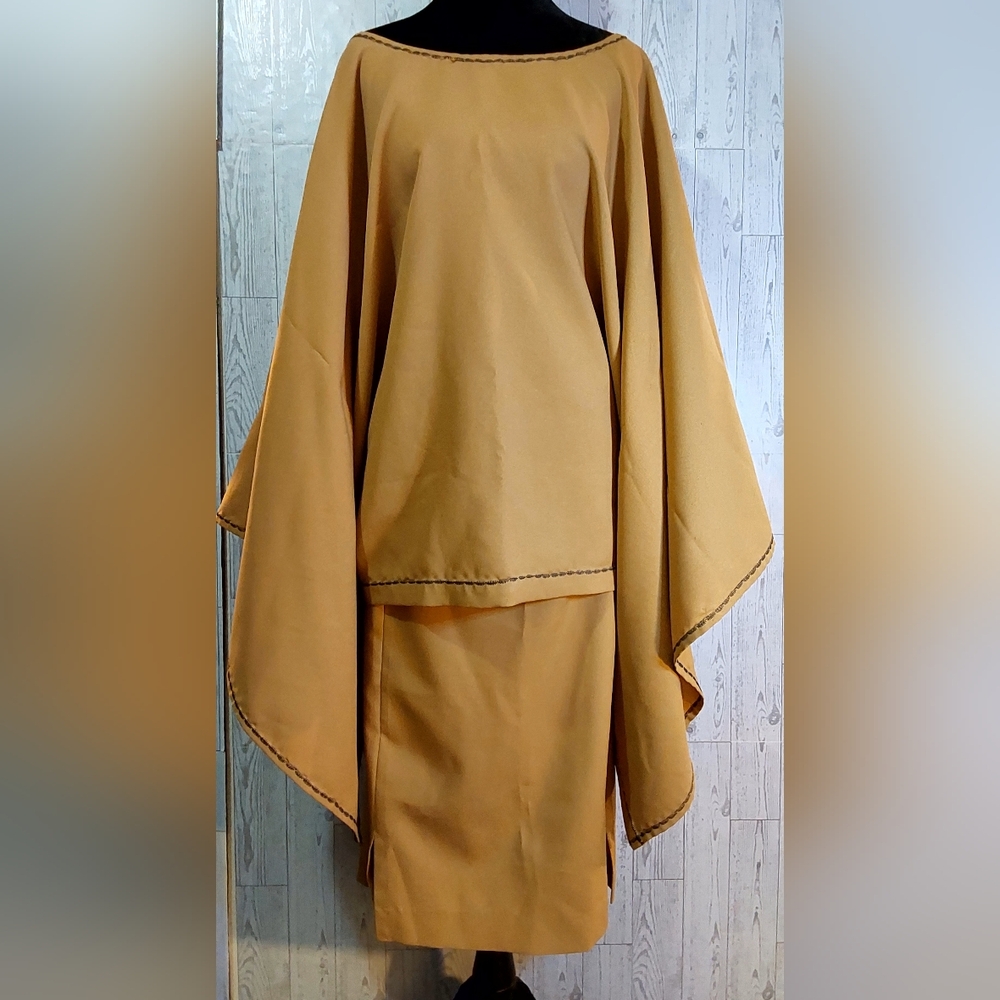 2 Pc. Camel Tan Poncho Style Dolman Sleeves Top and Skirt